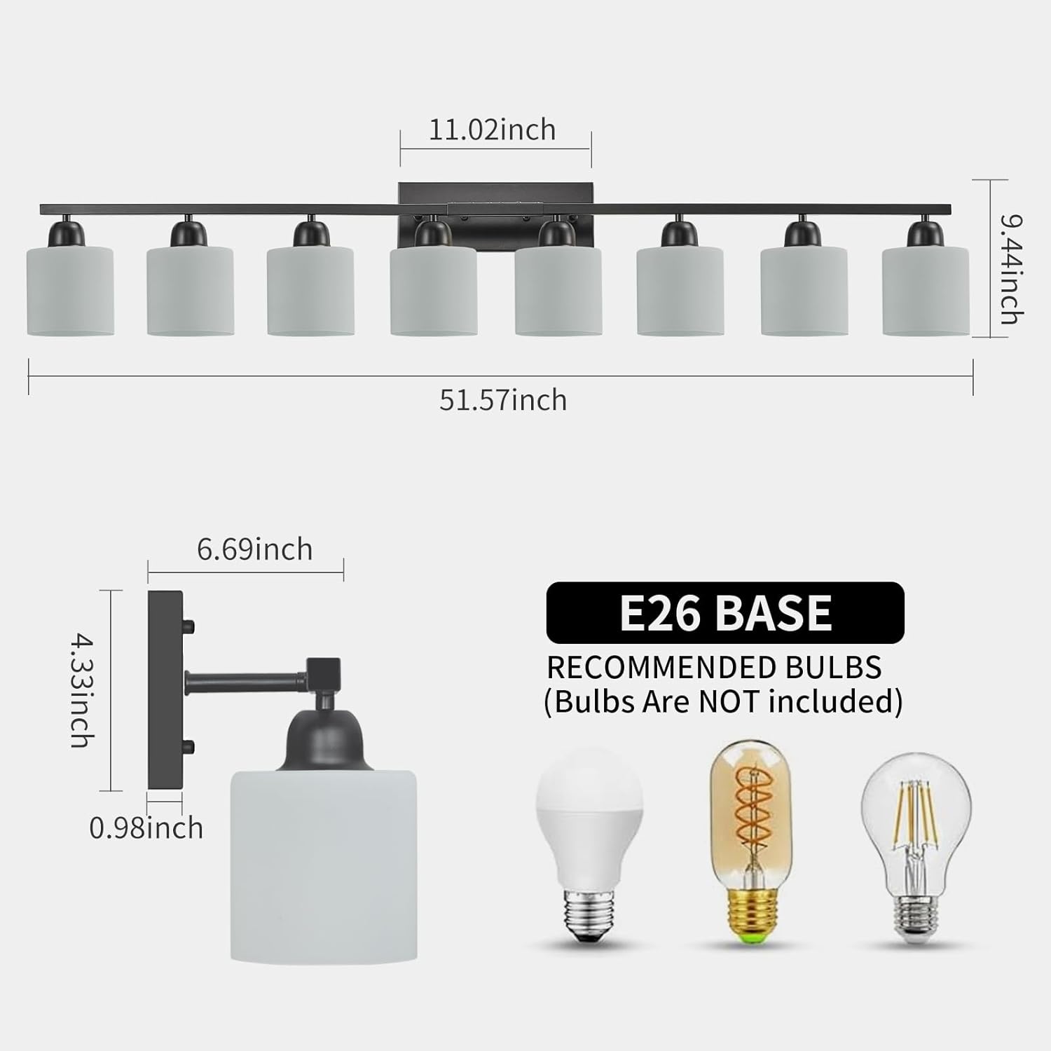 8 Light Black Bathroom Light Fixtures Over Mirror for Big Mirror, Modern Bathroom Lighting with Milky White Frosted Glass Shades,51 inch Lights for Vanity for Mirrors, E26