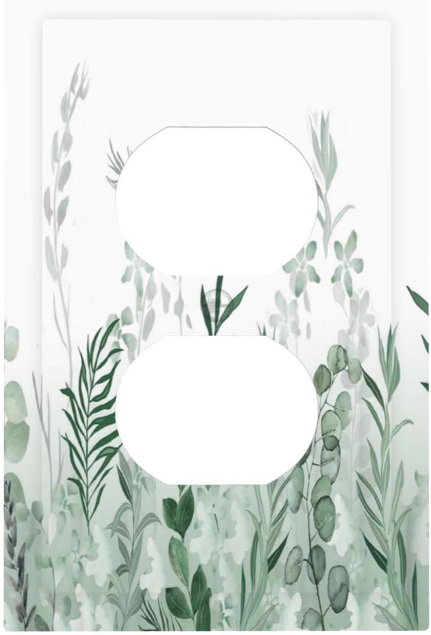 Watercolor Green Leaf Rustic Plant Eucalyptus Flowers Outlet Covers 1 Gang Duplex Light Switch Cover Decorative Switch Plates Electrical Receptacle Faceplate Wall Plate for Bed Room Living Room Decor
