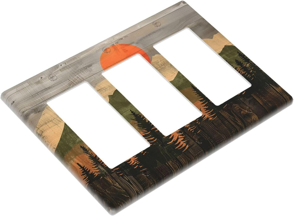 Light Switch Covers Vintage Wood Grain Sun Forest Mountains 3 Gang Rocker Electrical GFCI Decorative Triple Outlet Wall Plate Cover Switchplate for Farmhouse Cabin Decor