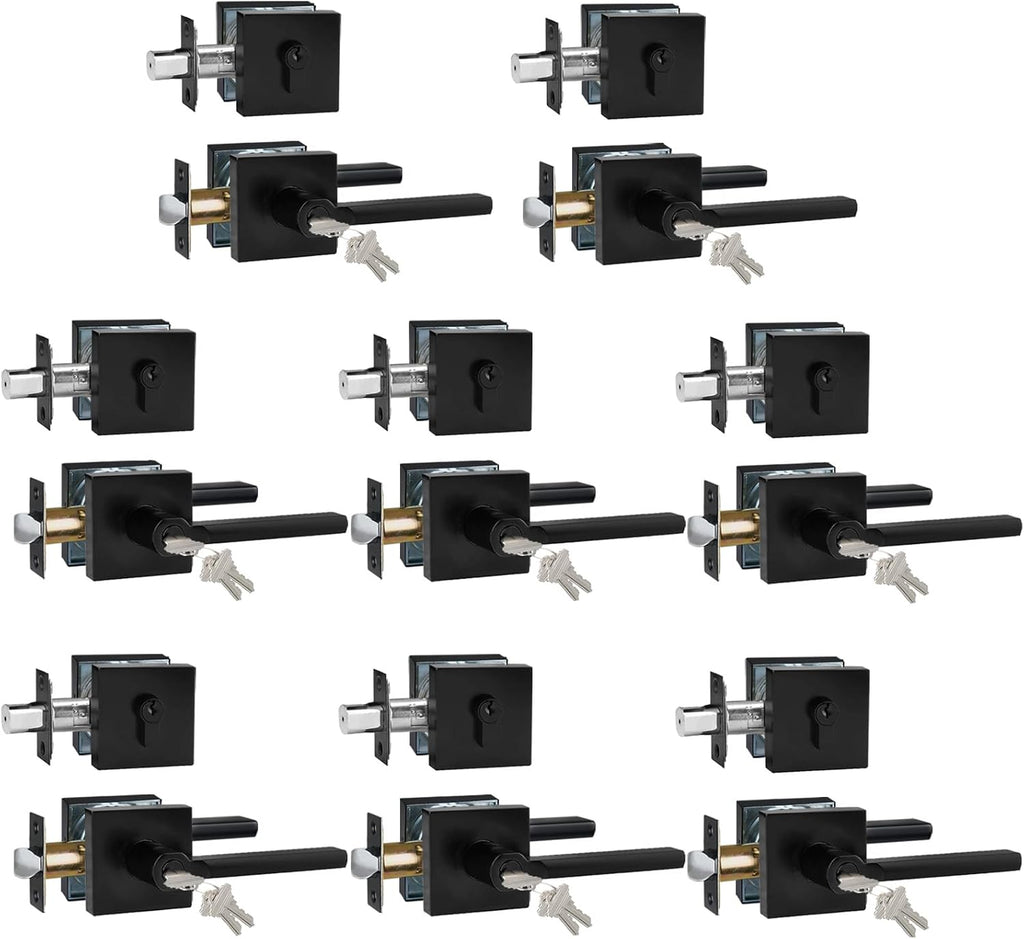 Keyed Entry Door Handle with Single Cylinder Deadbolt, Keyed Alike(Same Keys Only Per Set) Front Door/Exterior Door Lever Lockset, Matte Black, 8 Sets of Locks with 8 Sets of Different Keys