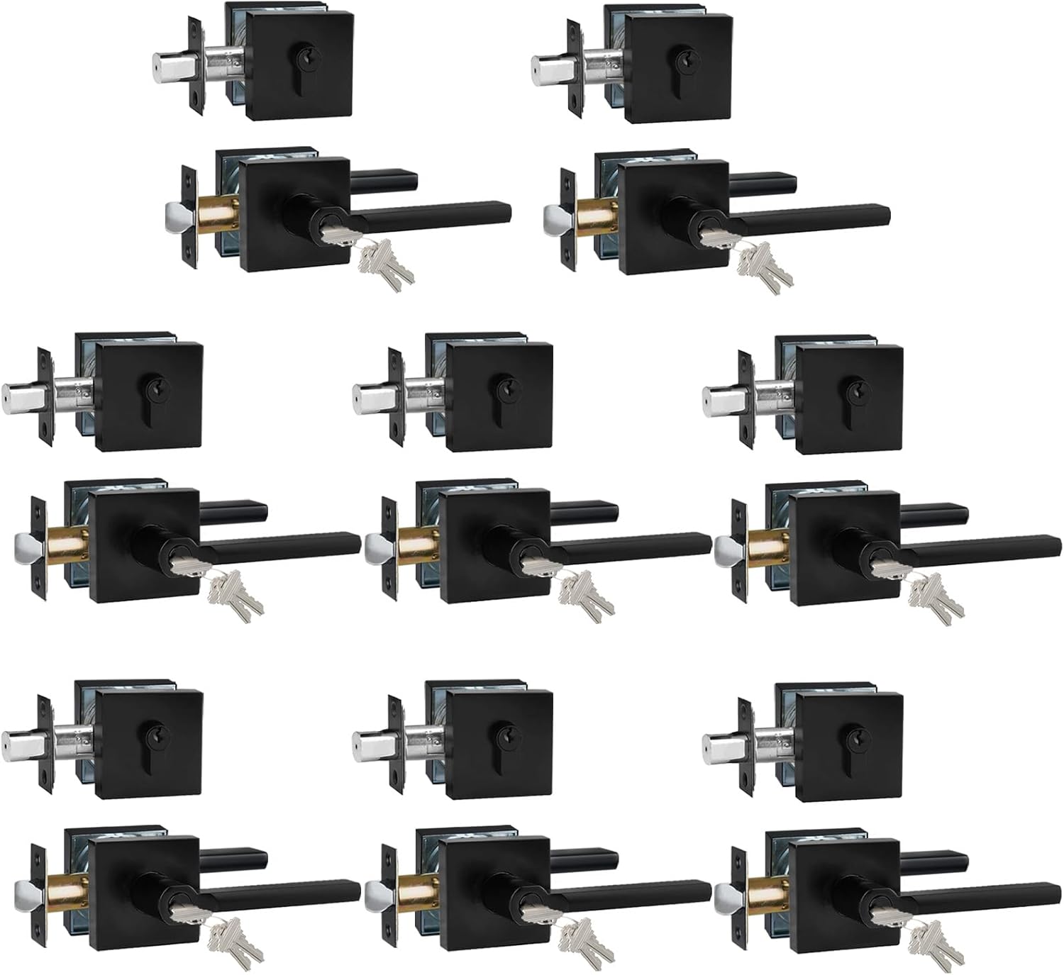 Keyed Entry Door Handle with Single Cylinder Deadbolt, Keyed Alike(Same Keys Only Per Set) Front Door/Exterior Door Lever Lockset, Matte Black, 8 Sets of Locks with 8 Sets of Different Keys