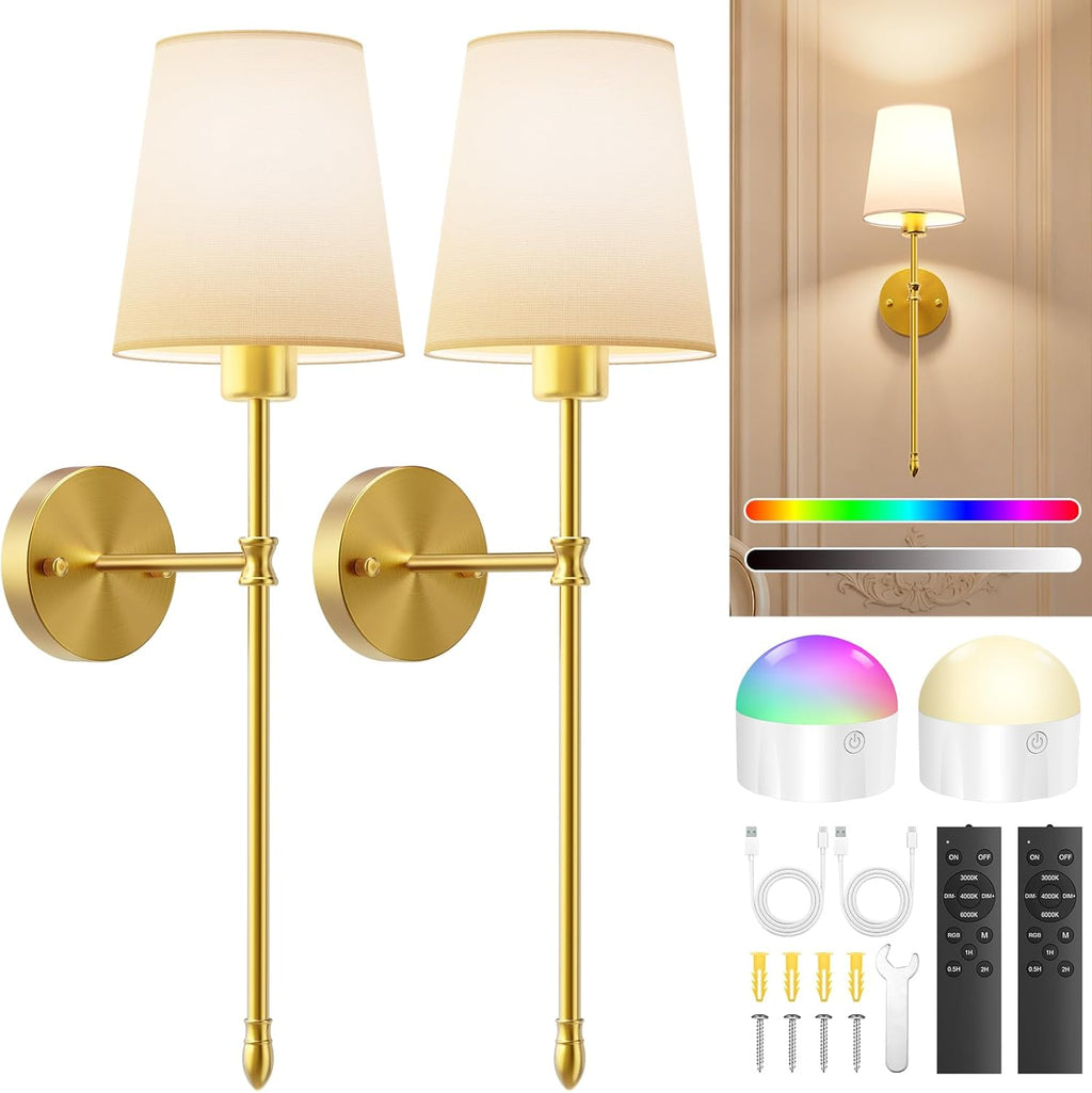 OCATO Battery Operated Wall Sconce: 10000mAh Wireless Wall Sconces Set of Two Rechargeable Lamp Dimmable Magnetic Lights with 7 RGB Colors and Remote Home Decor Walls Decor for Bedroom Living Room