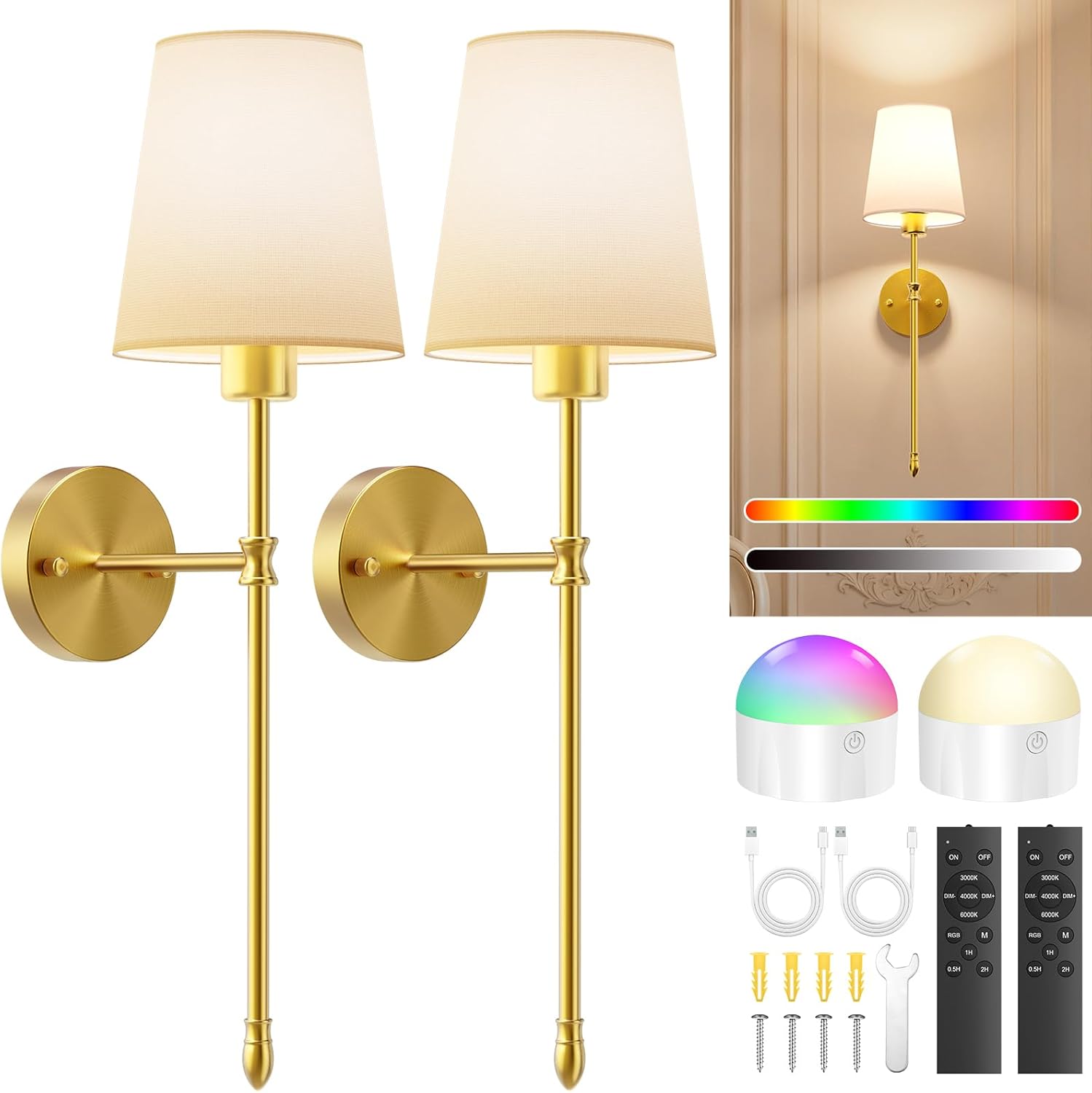 OCATO Battery Operated Wall Sconce: 10000mAh Wireless Wall Sconces Set of Two Rechargeable Lamp Dimmable Magnetic Lights with 7 RGB Colors and Remote Home Decor Walls Decor for Bedroom Living Room
