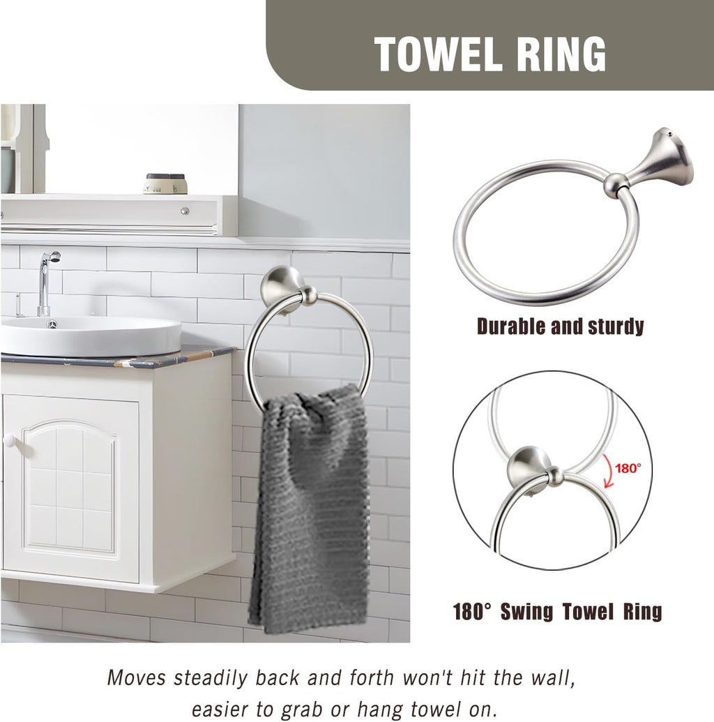 4-Piece Bathroom Hardware Set: Brushed Nickel Bathroom Accessory Set, Towel Bar,Towel Ring,Toilet Paper Holder,Robe Hook, Wall Mounted,Optional Install Longer or Shorter Towel bar