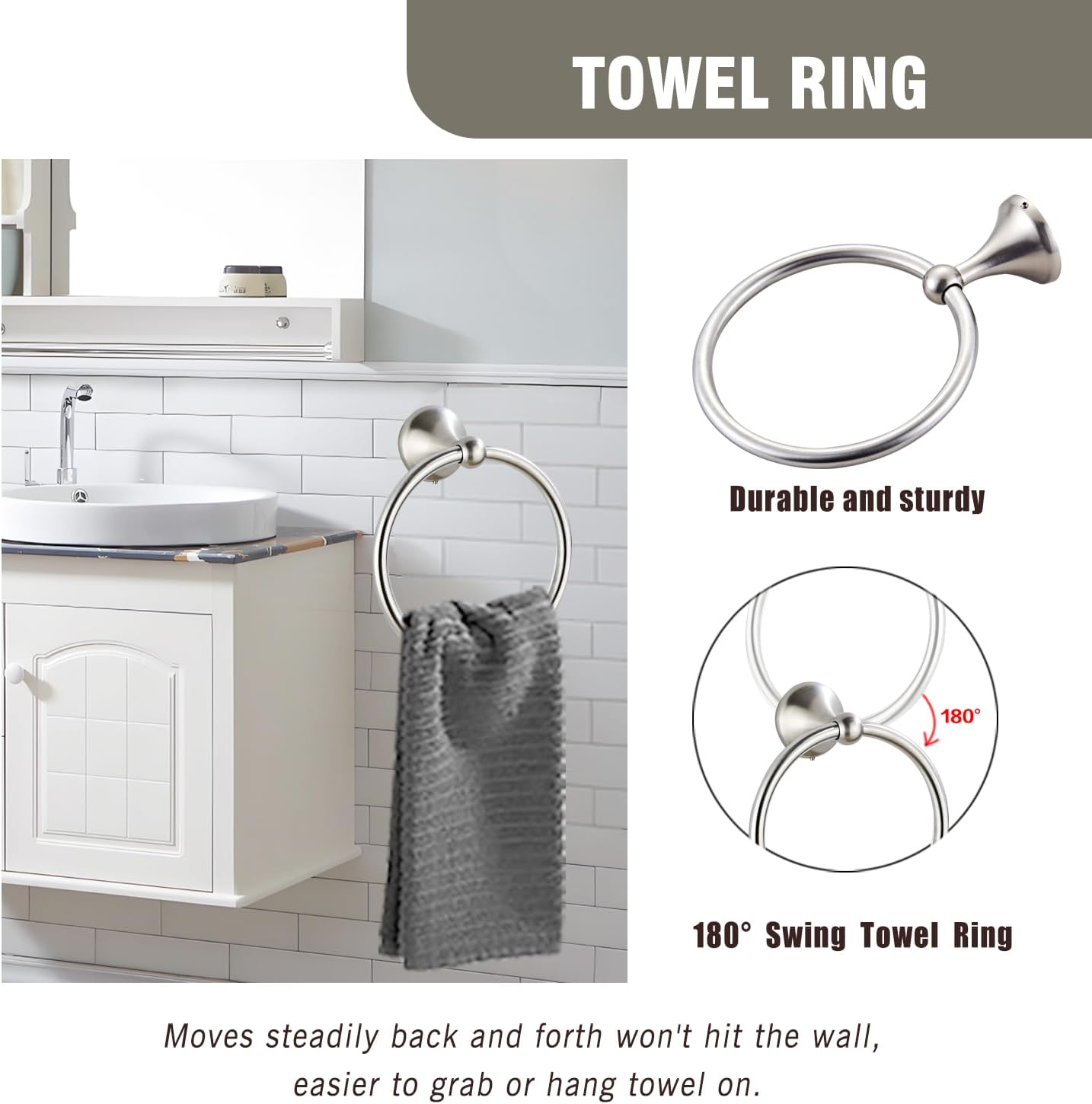 4-Piece Bathroom Hardware Set: Brushed Nickel Bathroom Accessory Set, Towel Bar,Towel Ring,Toilet Paper Holder,Robe Hook, Wall Mounted,Optional Install Longer or Shorter Towel bar