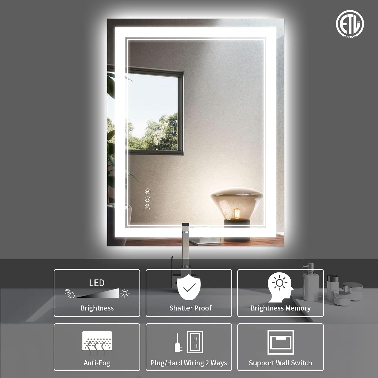 24x36 Inch LED Bathroom Mirror wiht Lights, Backlit and Front Lighted Bathroom Mirror,Anti Fog, Dimmable LED Vanity Mirror