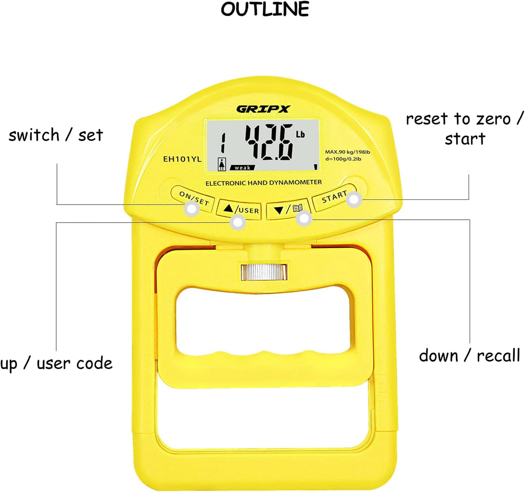 GRIPX Digital Hand Dynamometer Grip Strength Measurement Meter Auto Capturing Electronic Hand Grip Power 198Lbs / 90Kgs