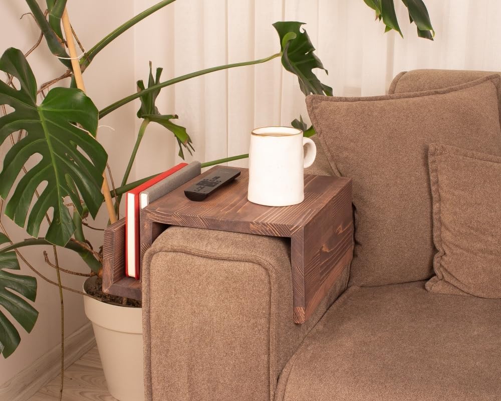 Wooden Couch Arm Tray – Sofa Armrest Table with Book & Magazine Holder, Perfect for Coffee & Remote Control, Solid Wood (London)