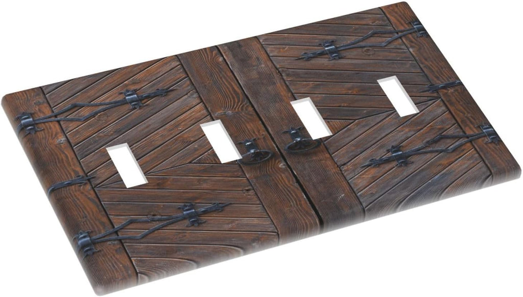 Decorative Light Switch Plate Covers Vintage Brown Wood Barn Door 4 Gang Light Switch Cover Quad Toggle Wall Plate Outlet Covers for Farmhouse Home Decor