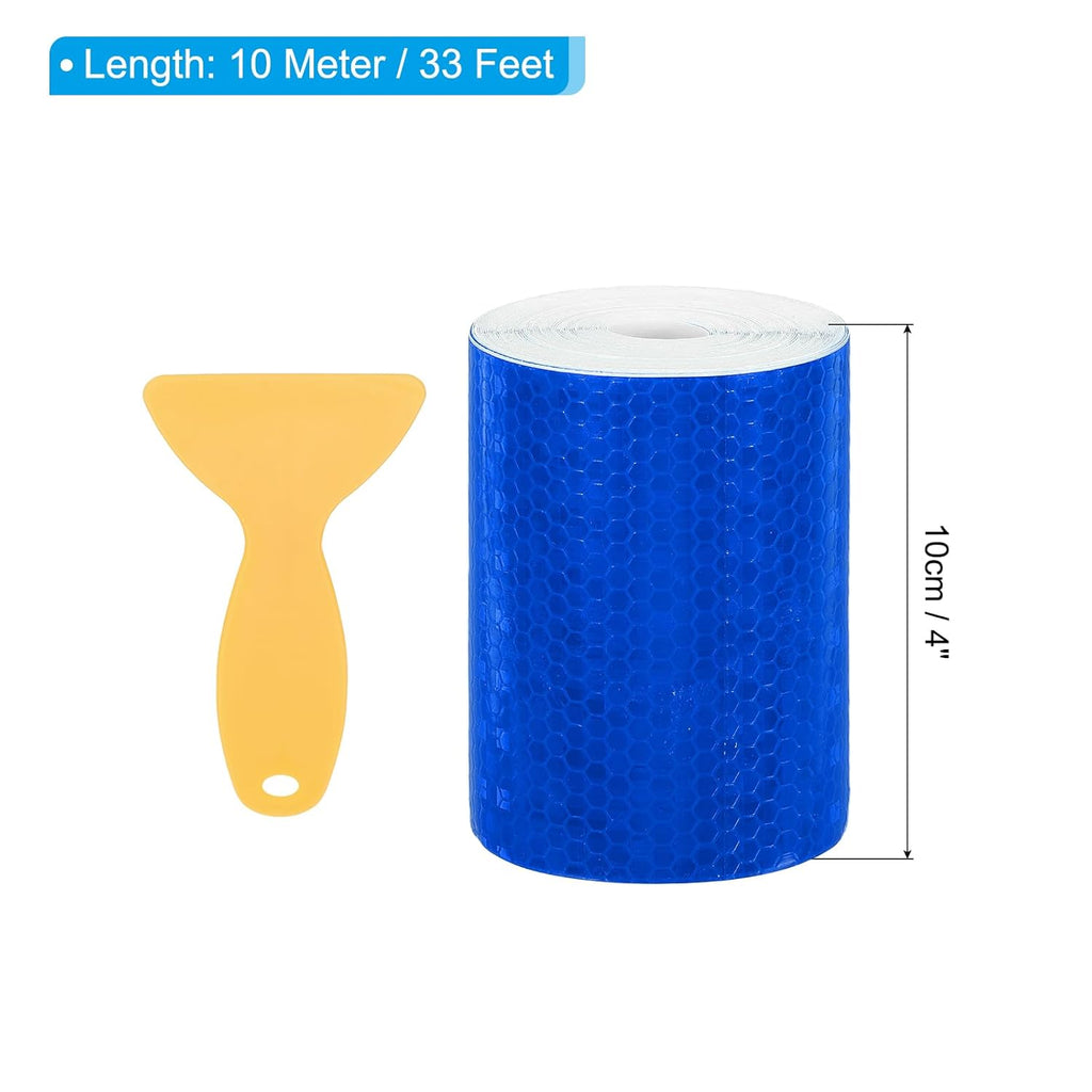 PATIKIL 4 Inch x 33 ft Reflective Tape, 1 Roll Waterproof Self Adhesive High Visibility Caution Warning Safety Tape Reflector with Scraper for Trucks Trailers Cars, Blue