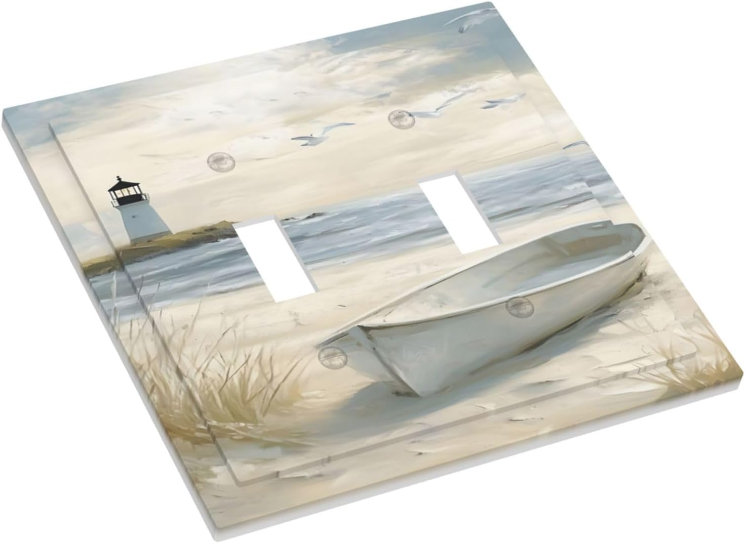 Decorative Light Switch Plate Covers Seascape Painting with Lighthouse Boats 2 Gang Wall Plate Unique Double Toggle Double Light Switch Covers for Bedroom Home Decor （2 Pack）