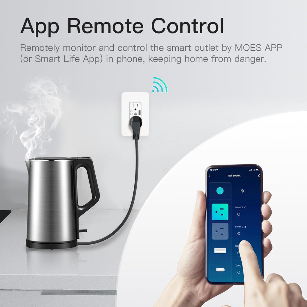 MOES Smart USB Wall Outlet Receptacle with Type-C & Type-A Charger, 2.4GHz Wi-Fi in-Wall Plug Socket 4 Pack, Remote Individual Control On/Off 15Amp, NO Hub Required