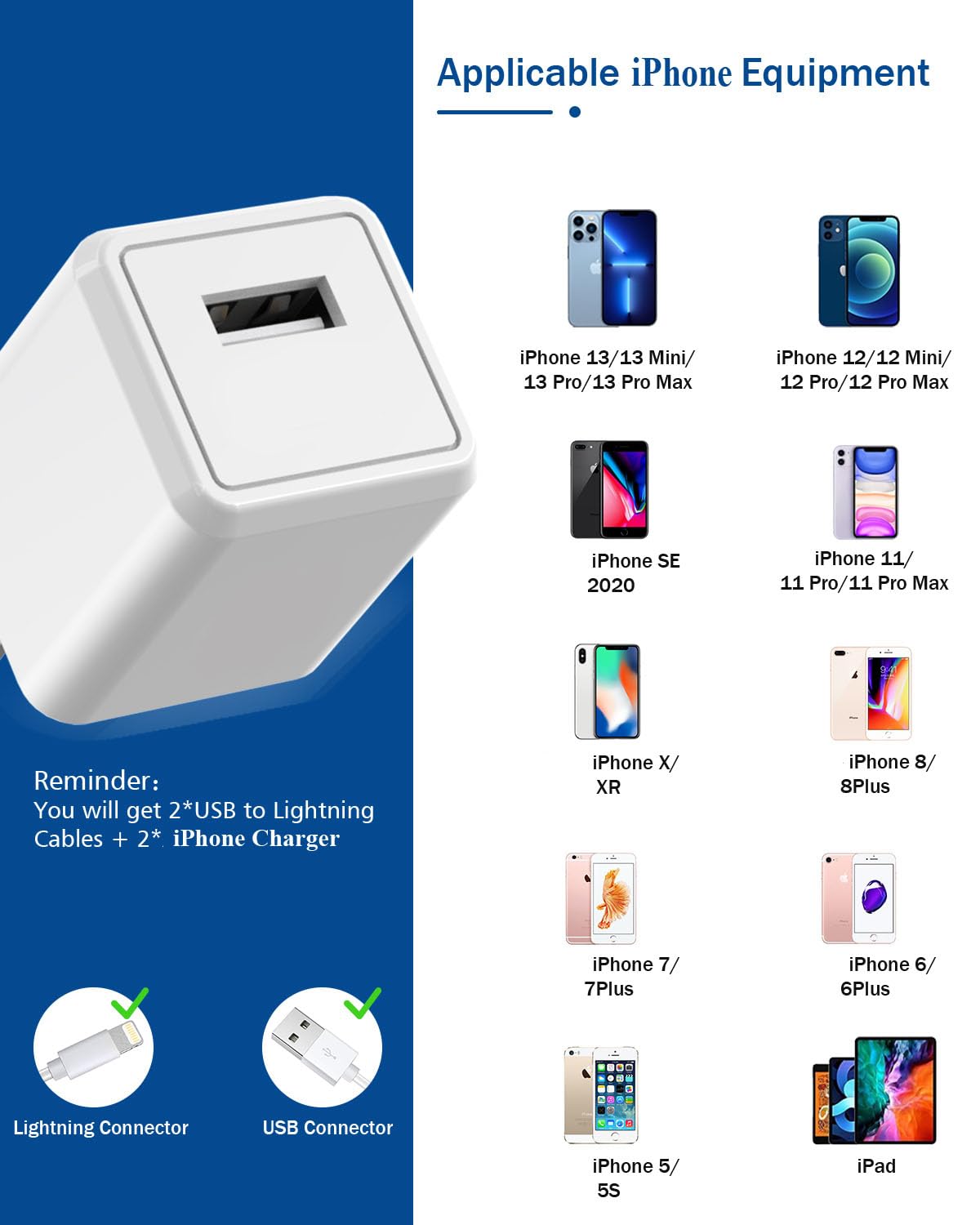 iPhone Charger Cord 6FT, [Apple MFi Certified] 2 Pack Lightning Cable Cube Phone Charging Transfer Cord Cable USB Plug Wall Charger Block Travel Adapter for iPhone 14/13/12/11/SE 2022/8/7/XS/XR/X/iPad