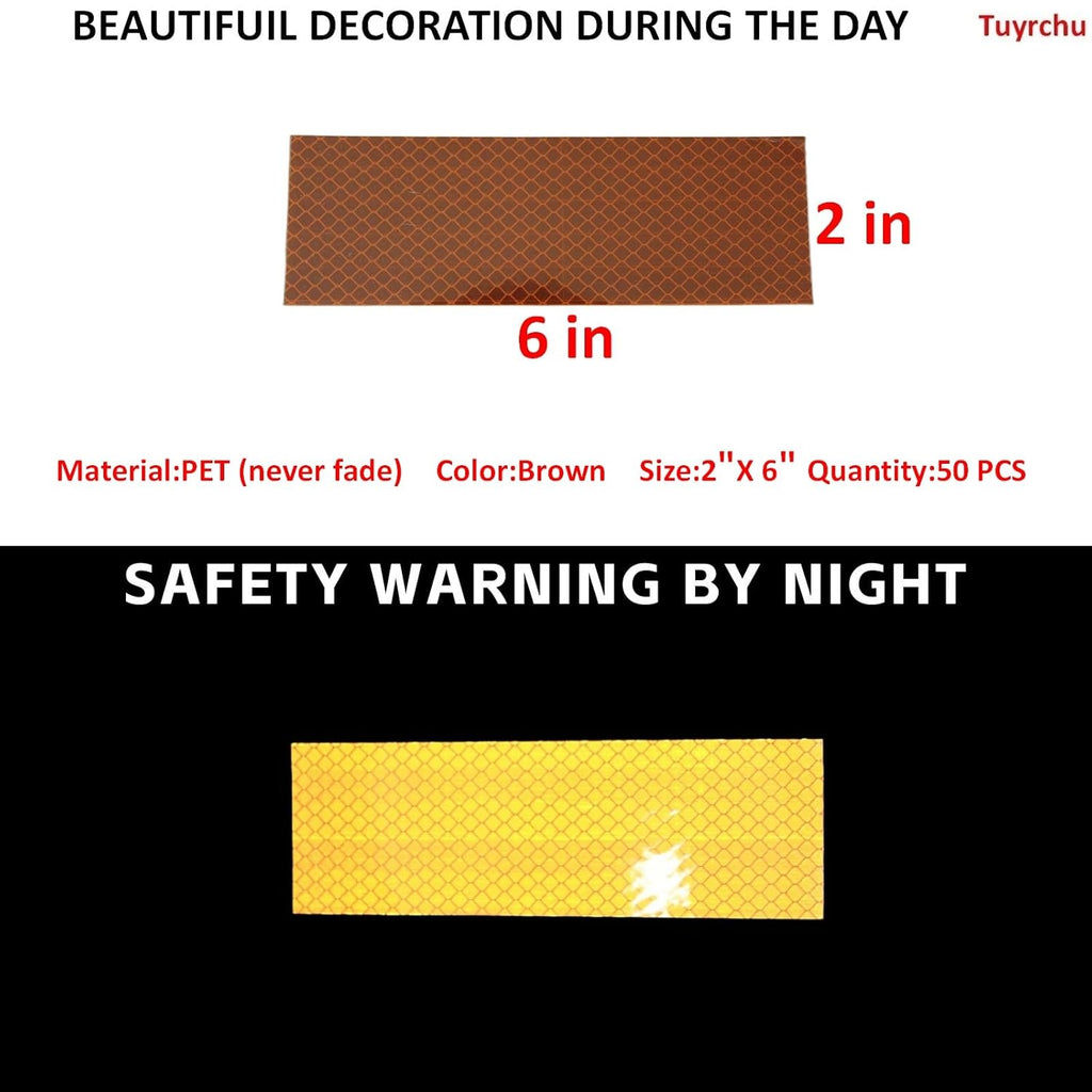 Non Fading Brown Reflective Stickers 2 inch X 6 inch, Outdoor Waterproof High Visibility Warning Safety Adhesive Reflector Tape (50 Pcs)