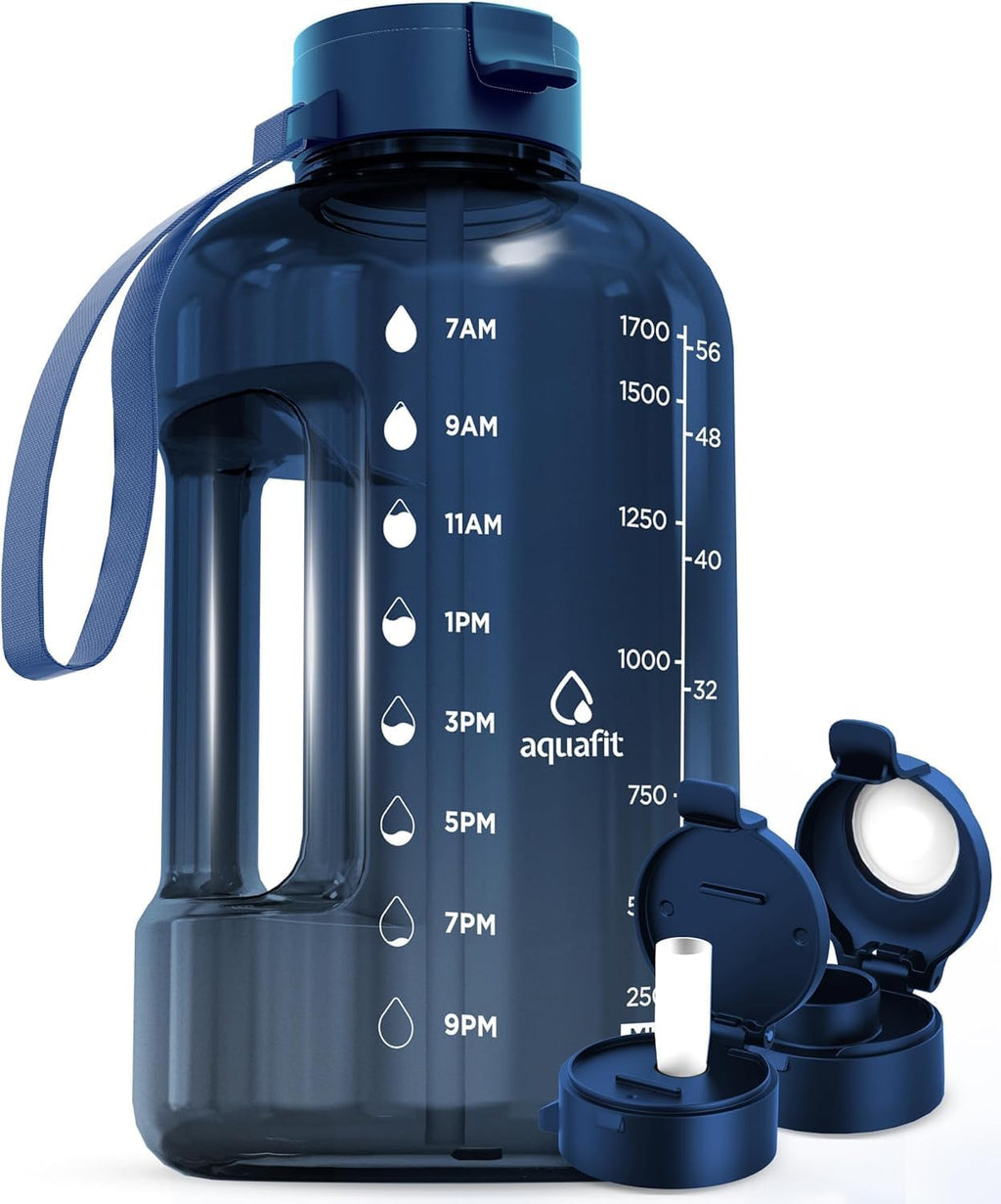 AQUAFIT 64 oz Water Bottle with Time Marker - Straw & Chug Lid - BPA Free Half Gallon Gym Water Bottle with Handle - Big Gallon Jug (Nebula, 64 Ounces)