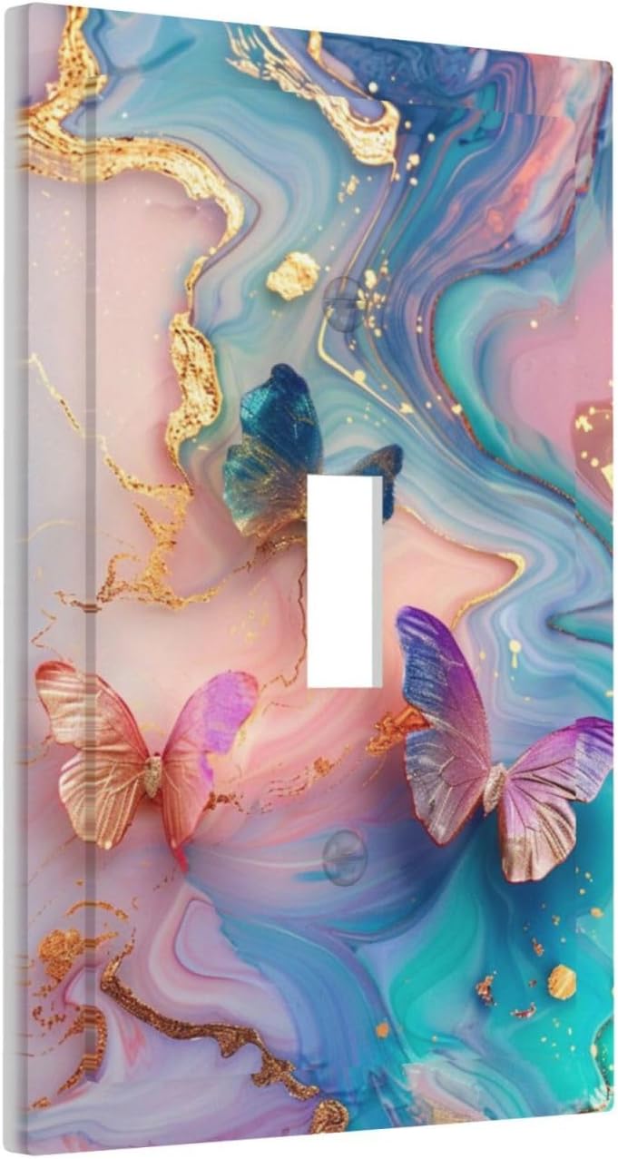 Colorful Marble Butterfly Gold Glitter Abstract Print Decorative Light Switch Cover 1 Gang Single Toggle Device Electrical Faceplate Switchplates Decorator Outlet Wall Plate for Bed Room Living Room
