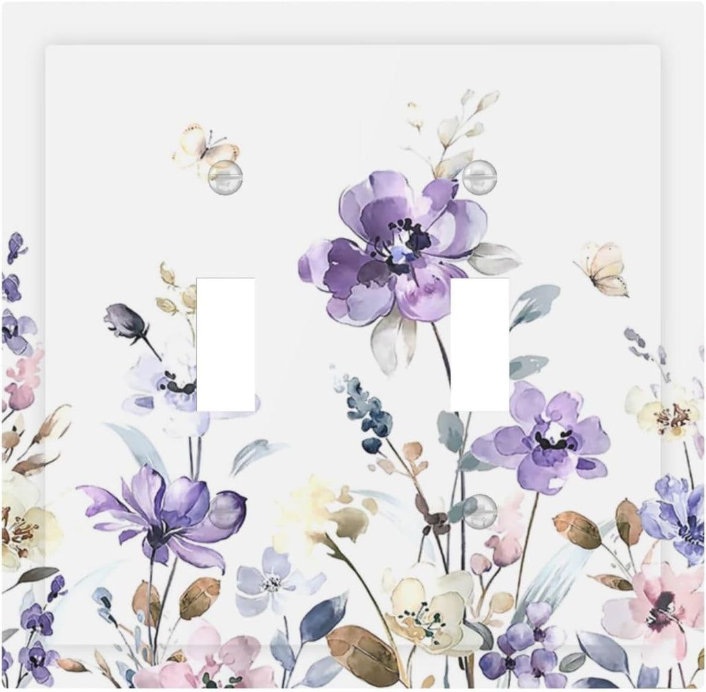 Decorative Switch Plates Purple Floral Lilac Watercolor Flower Leaves Butterfly Wildflower 2 Gang Double Toggle Wall Plate Outlet Light Switch Cover Electrical Faceplate for Bedroom Home Decor