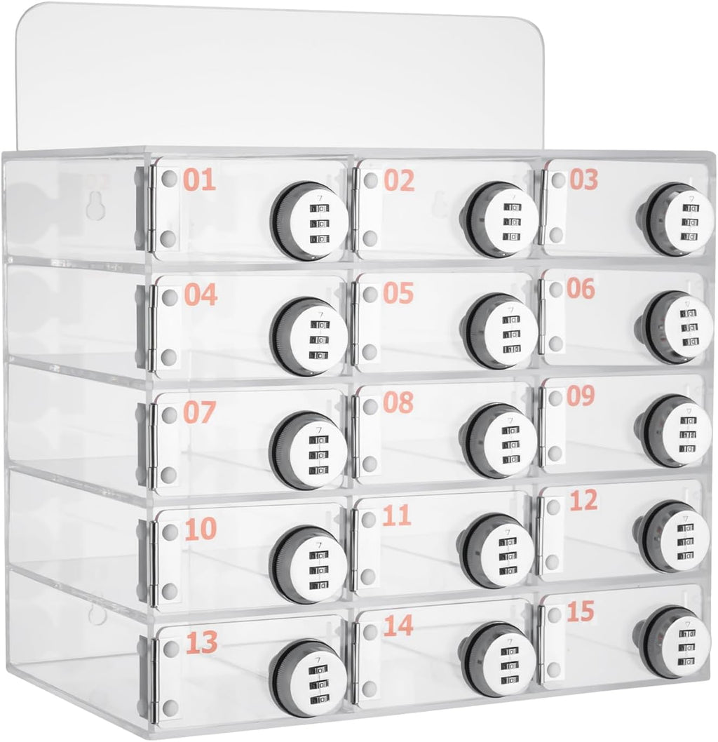 Cell Phone Locker Box 15 Slots Clear Acrylic Cell Phone Organizer Cabinet with Combination Locks Wall-Mounted Locking Cell Phone Storage Box for Classroom Office,Shool,Office (15 Slots, Acrylic)