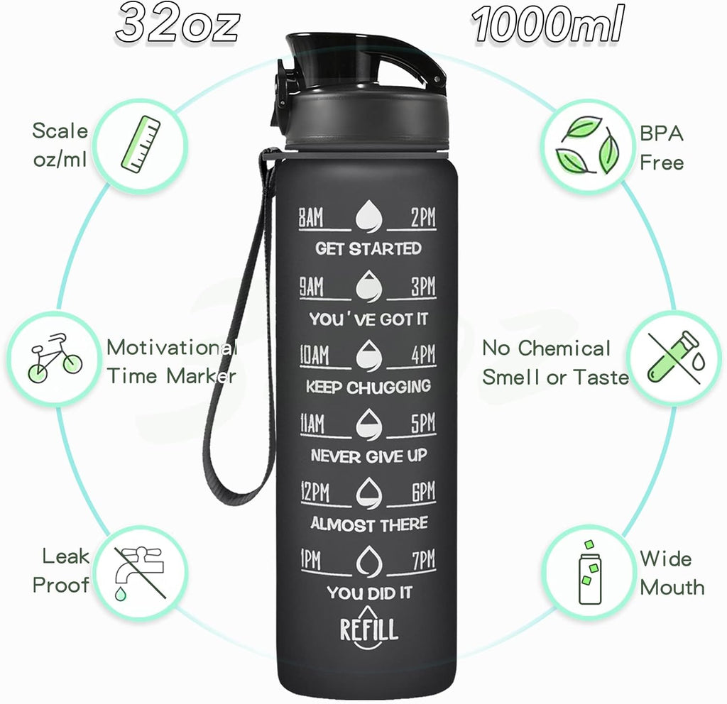 Enerbone Water Bottle, Leakproof BPA & Toxic Free, Motivational Water Bottle with Times to Drink and Straw, Fitness Sports Water Bottle with Strap for Office, Gym, Outdoor Sports
