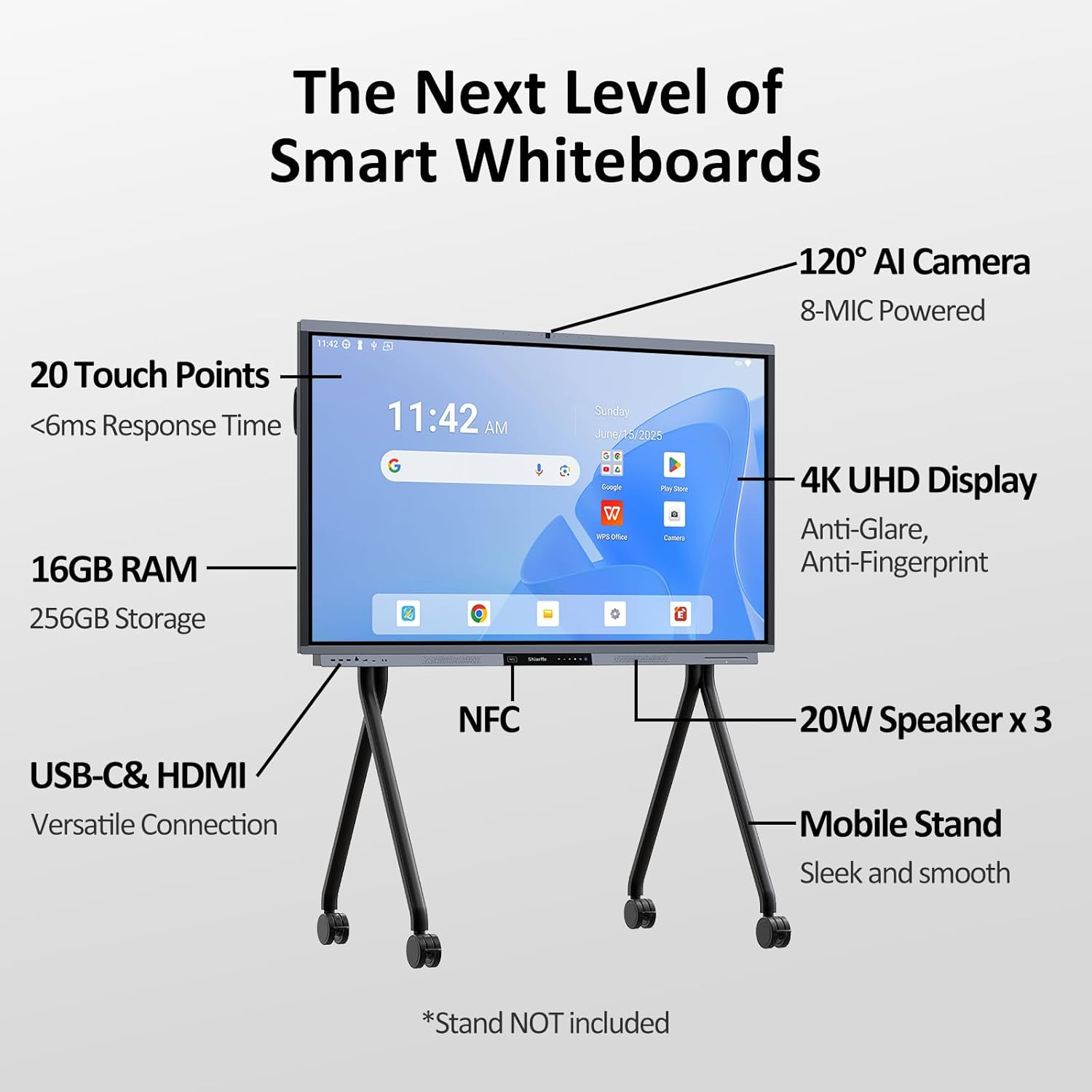 Shiarffe R9 Smart Board 4K Interactive Whiteboard EDLA-Certified All-in-One Touchscreen Digital Display Built-in 50MP AI Camera Mics and 60W Speaker for Classrom Hybrid Work