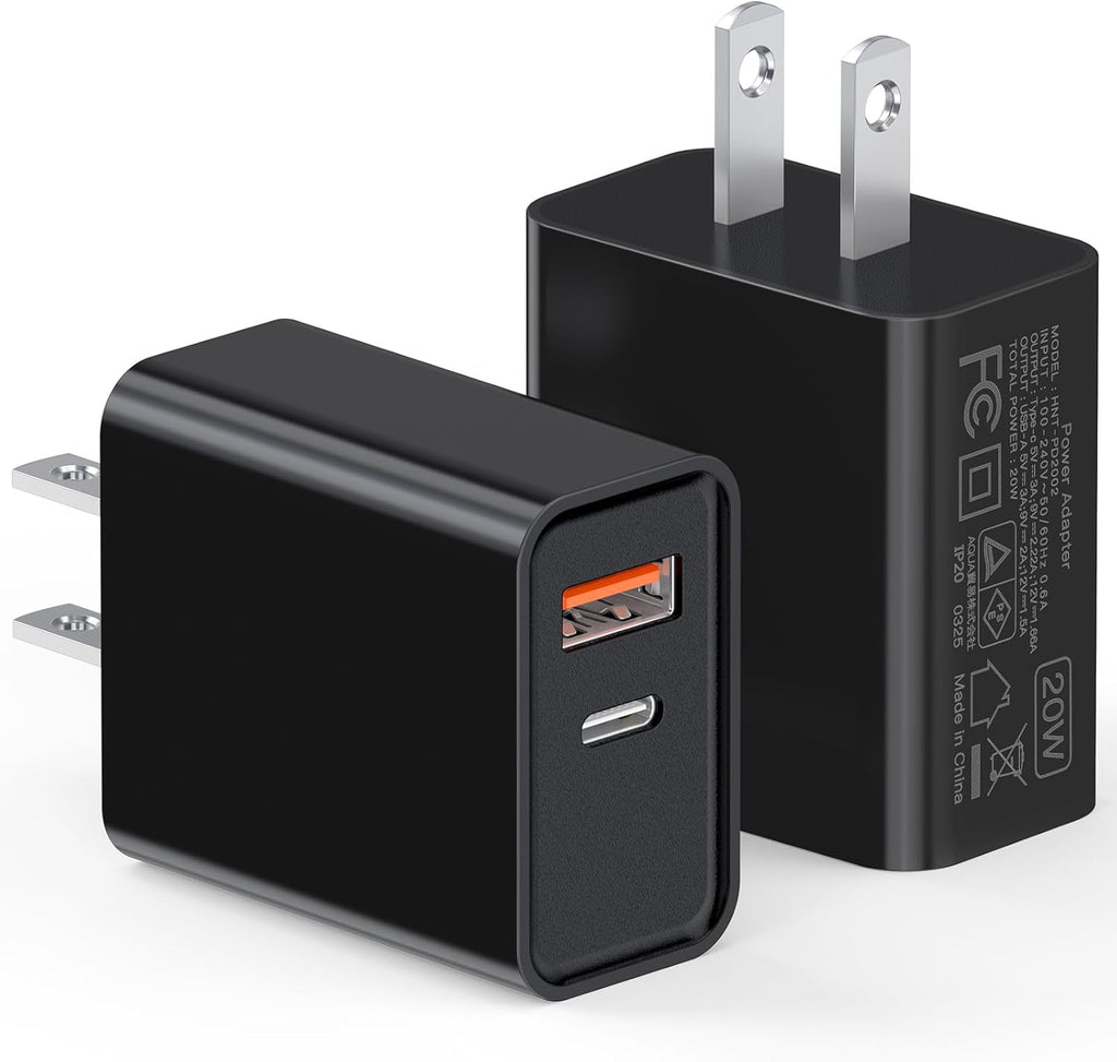20W USB C Wall Charger for iPhone 17/16/15/14/13/13 Mini/13 Pro Max/12/12 Pro/12 Pro Max Cube, 2 Pack Dual Port Fast Charging Brick Block Plug Box Base Adapter for iPad, iPod, Watch Series 8 7, Black