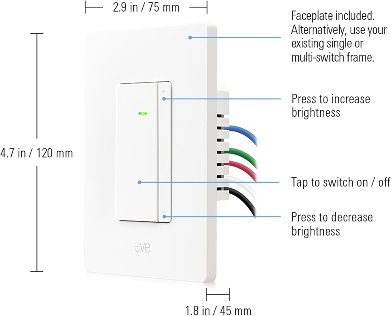 Eve Dimmer Switch (Matter) – Smart Dimmer Switch, for Alexa/Apple/Google/SmartThings/Home Assistant; for Single-Pole switches; Requires Thread Border Router and Neutral Wire; UL-Certified