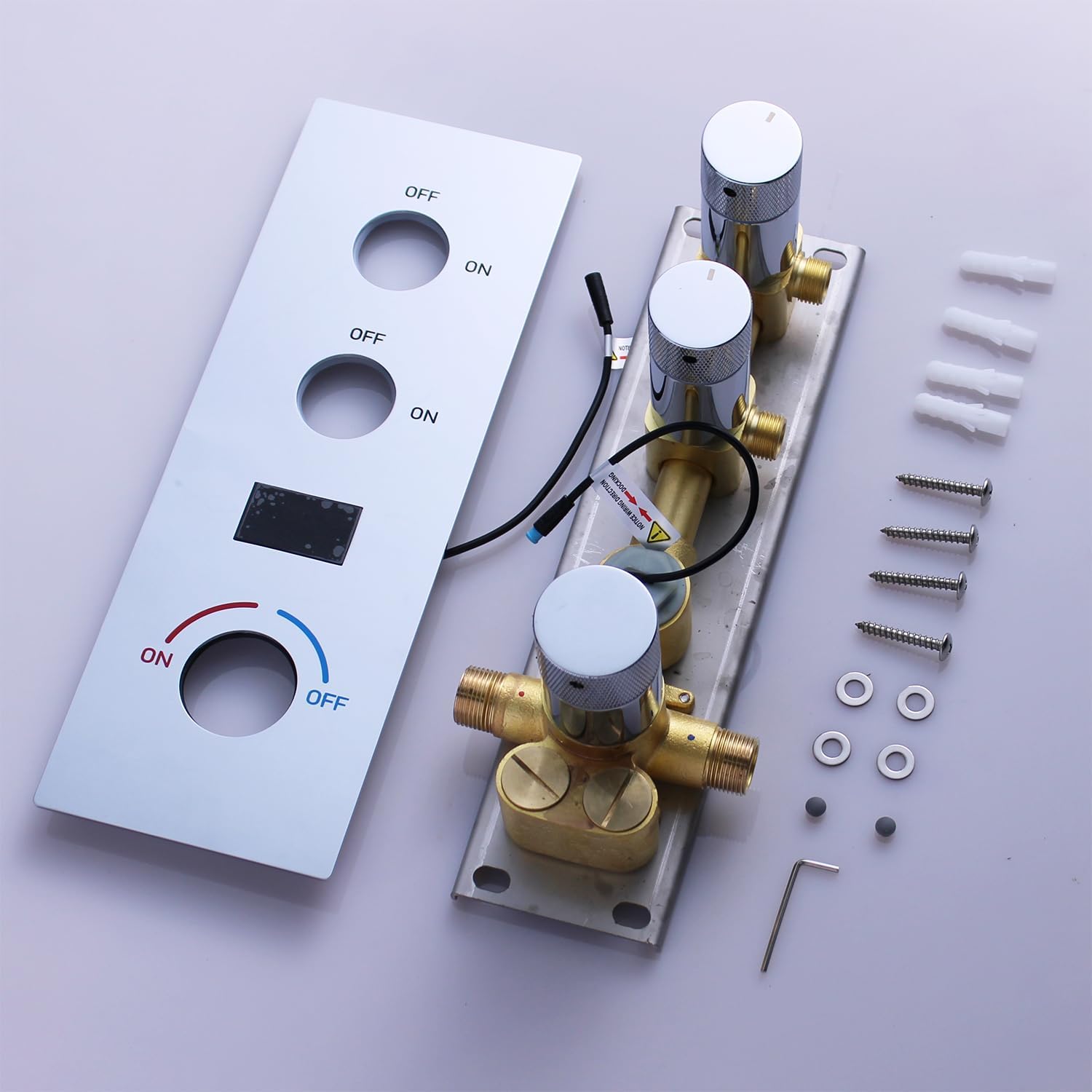 HONGTONGSOWER 2 Way Shower Diverter Valve Brass 2 Functions Digital Temperature Display Thermostatic Shower Mixing Valve Kit 3 Handle Flow Cotrol Valve, Can Run Simultaneously Chrome