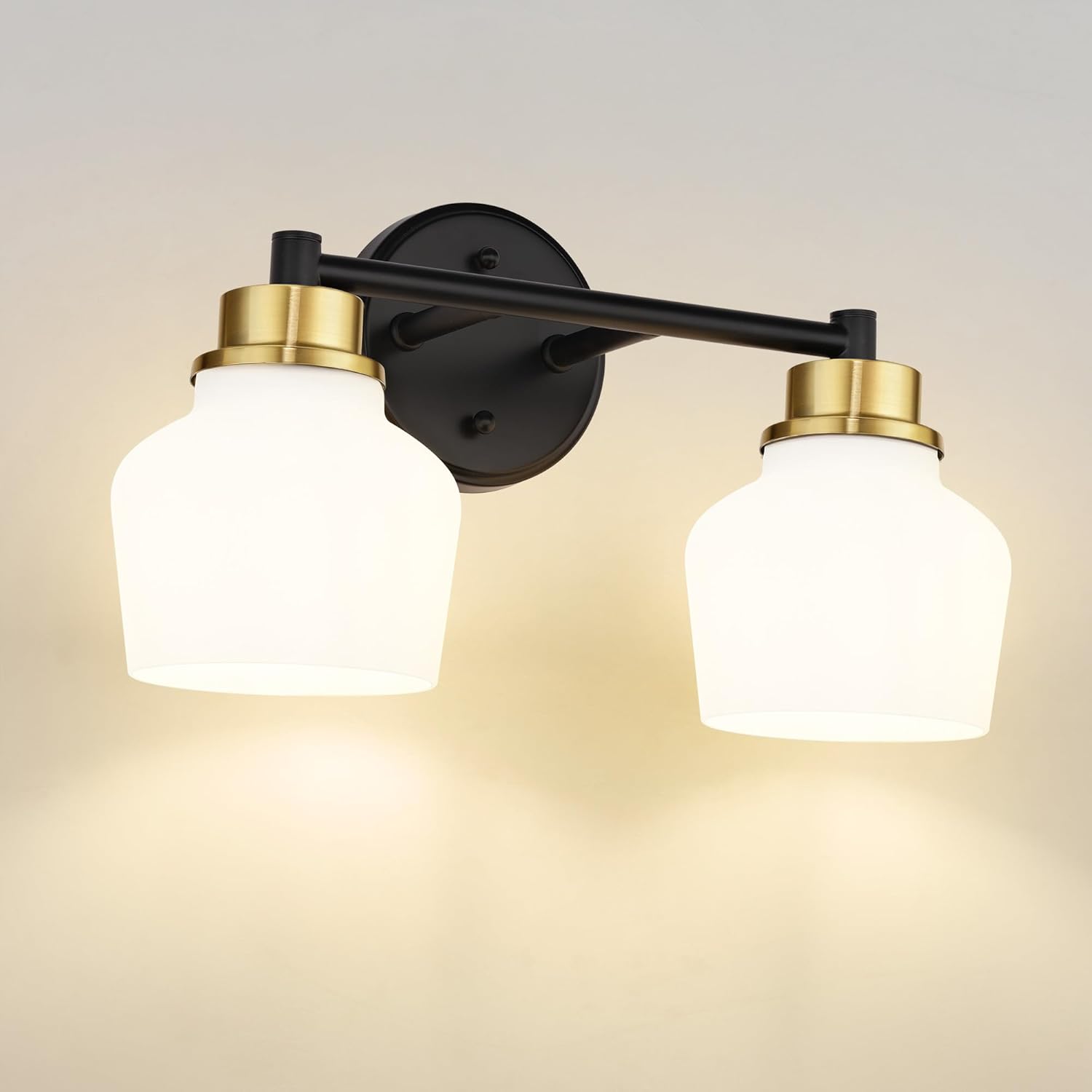 Emak Black and Gold Bathroom Light Fixtures Over Mirror, 2-Light Bathroom Vanity Light with Milk Glass Shade, Modern Farmhouse Vanity Lights for Bath,Mirror, VL122-BKBGD-ML-2