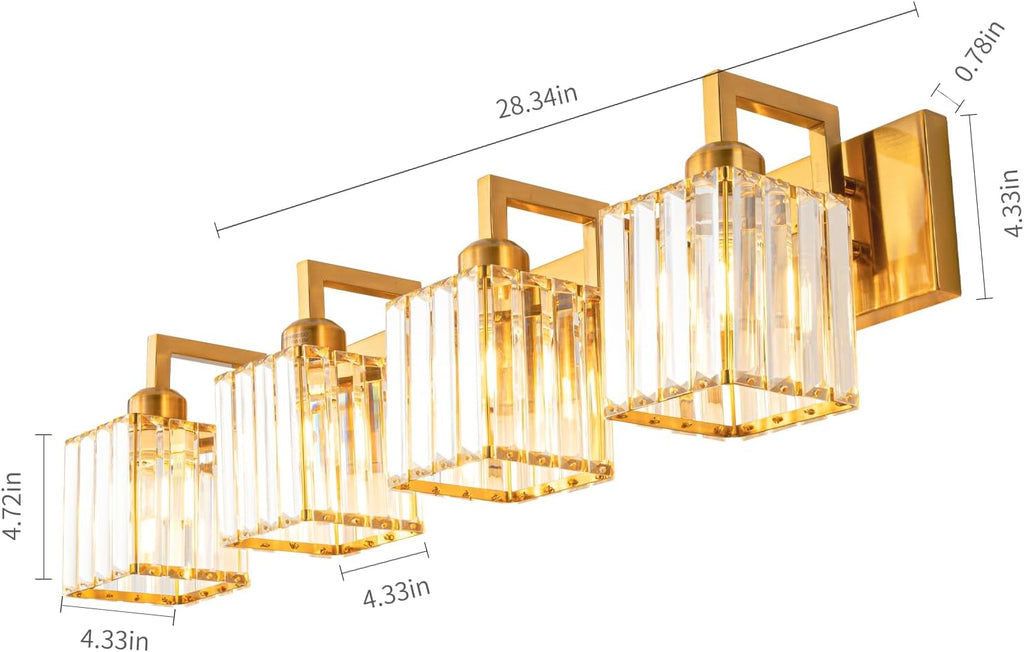 Modern Crystal Bathroom Vanity Light 4-Lights Gold Brushed Brass Finish Modern Crystal Wall Lamp Bathroom Vanity Lighting