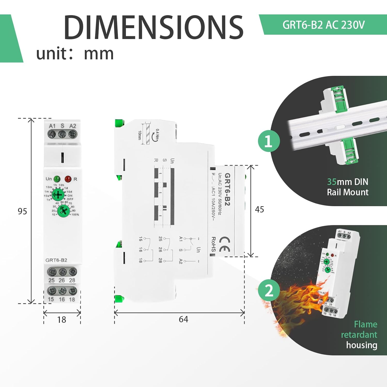 Delay Turn Off Time Relay 10A Delay Timer Relay 2SPDT GRT6 B2 DIN Rail Electronic Relays of Wide Time Delay Range for 0.1 Seconds to 10 Days Voltage Range AC 230V