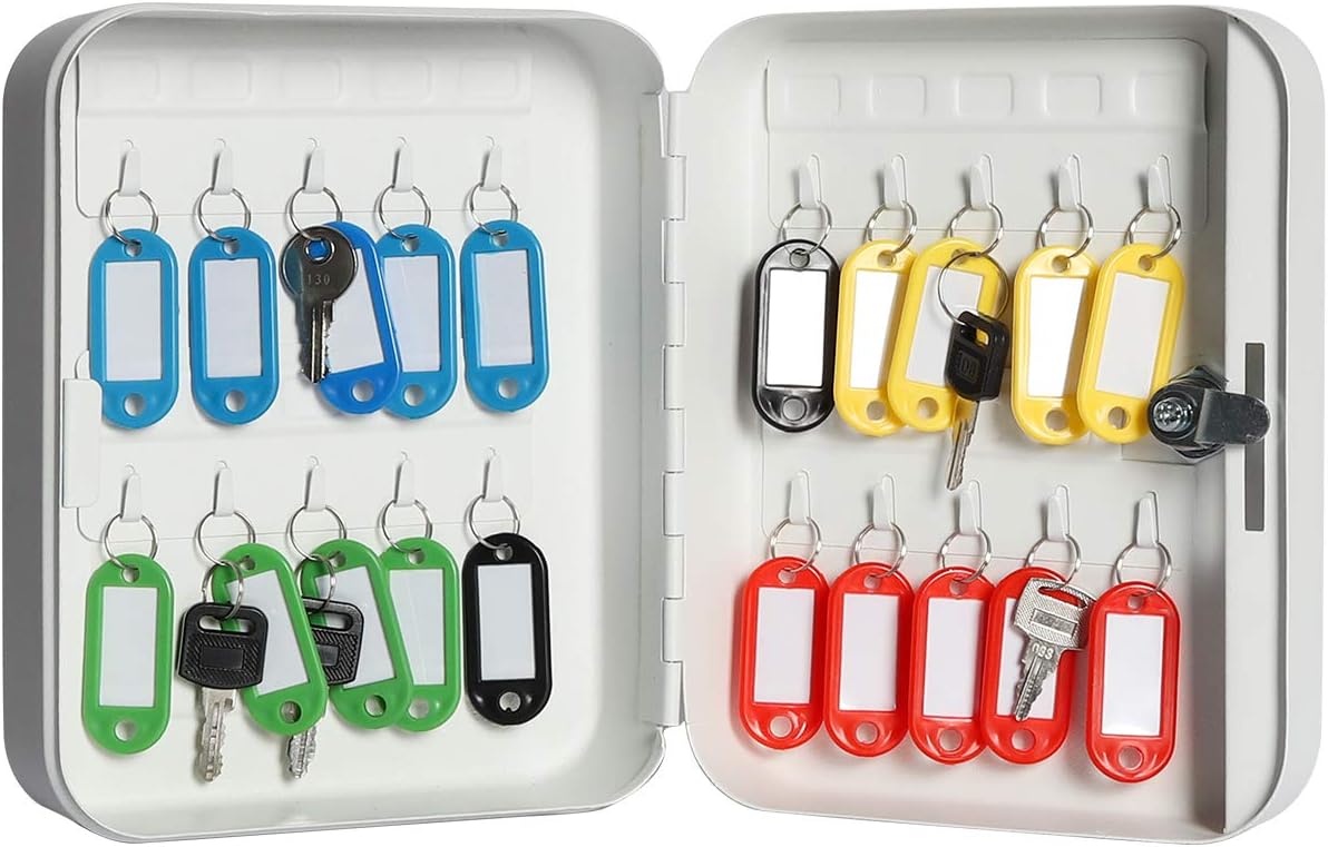 Jssmst Key Lock Box Wall Mount Security Key Storage Box, Locking Key Cabinet Wall Mount with 20 Key Hooks & Tags Key Labels, 7.87 x 6.3 x 2.95 inches, White Matt