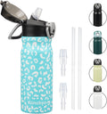 Insulated Water Bottle with Straw and Carry Loop,18 oz Stainless Steel Double Wall Vaccum Metal Water Flask with Leak-proof Lid,Blue Leopard