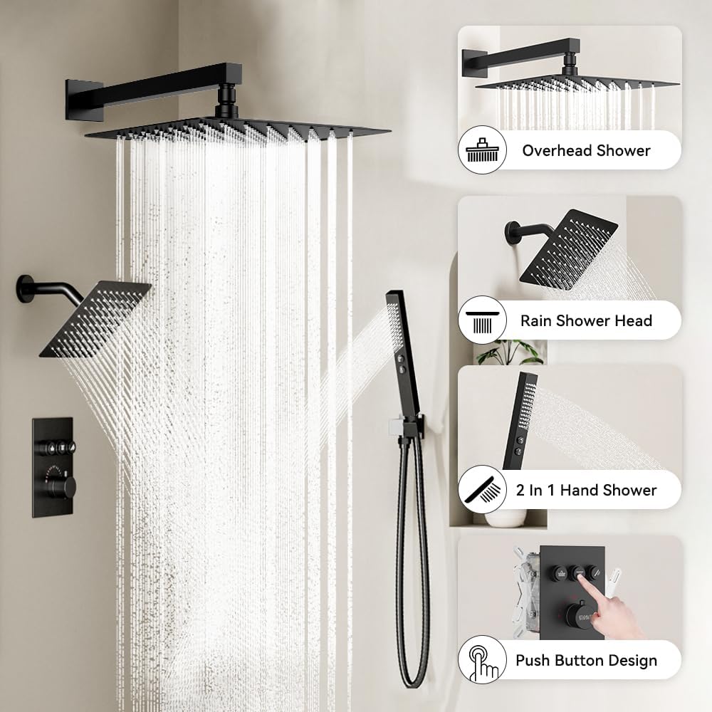 Thermostatic Shower System Matte Black, STARBATH Shower Faucets Sets 12+ 6" Wall Mount Rain Shower and 2 in 1 Handhled, Can Use All at Once, Push Button 3 Modes Valve and Trim Kit Complete Shower Set
