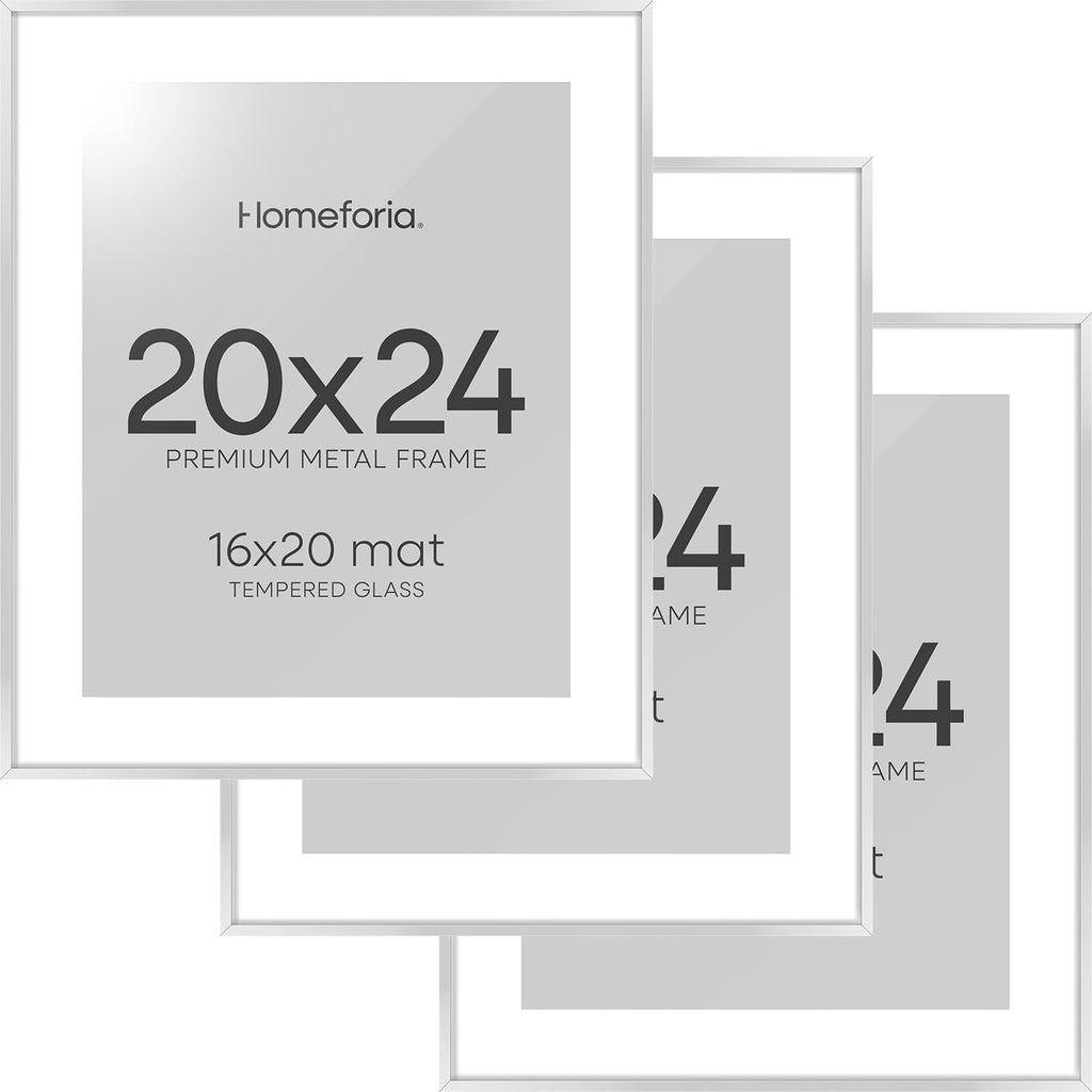 Homeforia 20x24 Picture Silver Frame, High End Metal 20 x 24 Poster Frames with Mat 16 by 20 for Photo, 20x24 Silver Frame Matted to 16x20 Art, 24x20 Hanging Frames, Tempered Glass, Wall Kit, Set of 3