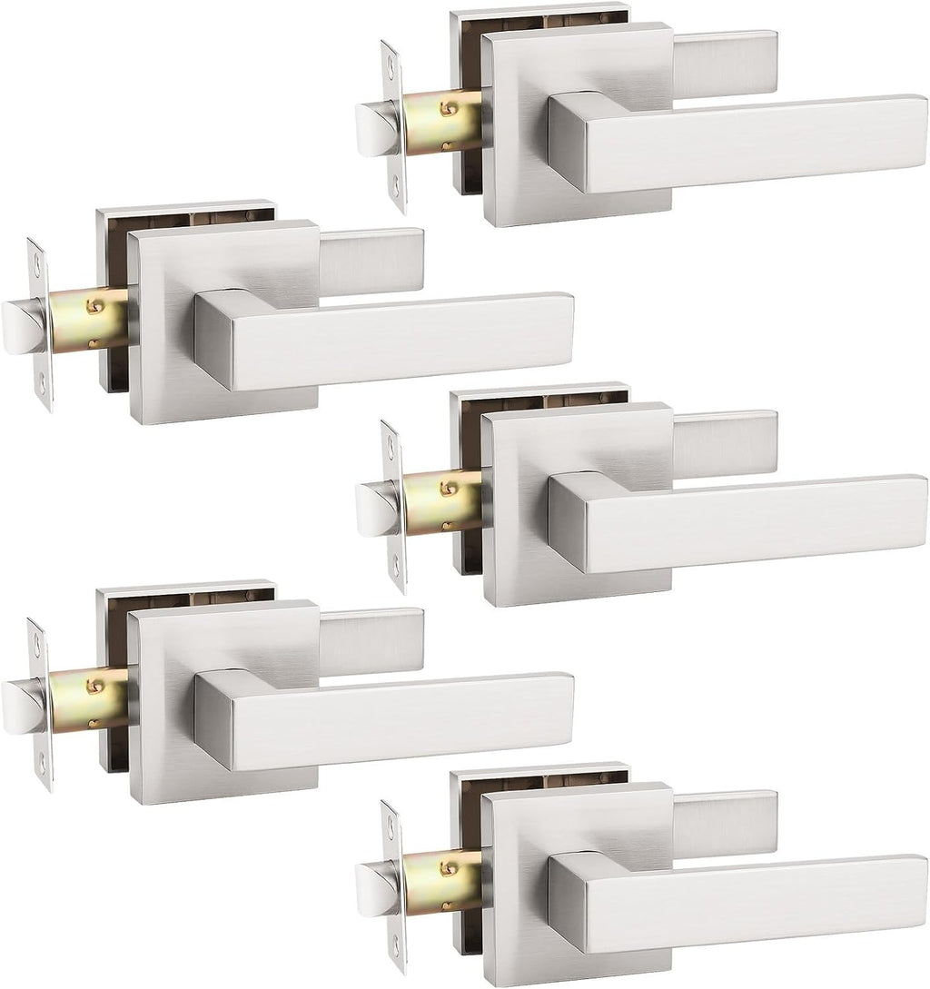 KNOBWELL 5 Pack Passage Door Handle Brushed Nickel Interior Door Knob, Pull Only Door Levers for Closet Hallway Satin Nickel Modern Door Lever(No Lock)