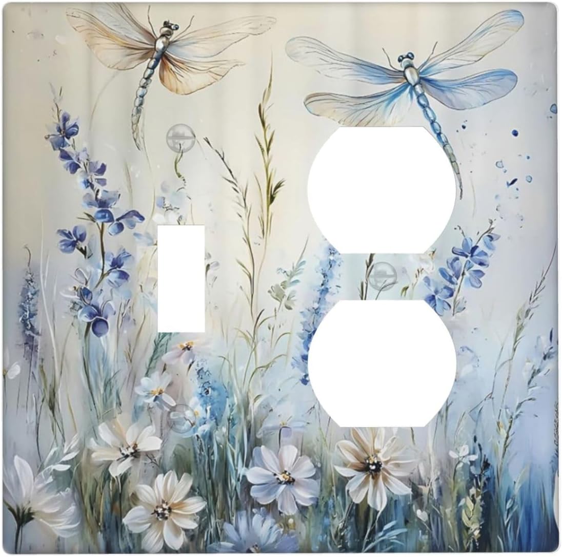 Decorative Outlet Covers Watercolor Dragonfly Blue Wihte Flower 2 Gang Light Switch Cover Plate Single Toggle Duplex Wall Plates for Electrical Outlets Switch Plate Covers for Bedroom Decor