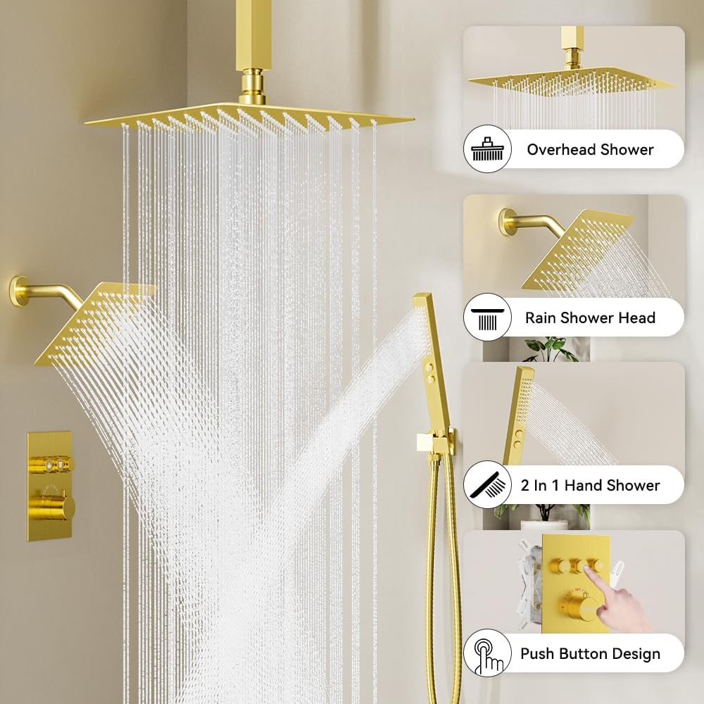 Brushed Gold Shower System, STARBATH Ceiling Mounted 12+8 Inch Rainfall Shower Head with 2 in 1 High Pressure Handhled, Can Use All at Once, Push Button Diverter Thermostatic Valve with Trim Kit