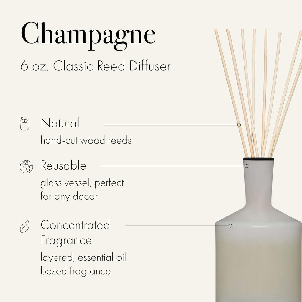 LAFCO New York Classic Reed Diffuser, Champagne - 6 oz - Up to 3 Months Fragrance Life - Reusable, Hand Blown Glass Vessel - Natural Wood Reeds - Made in The USA