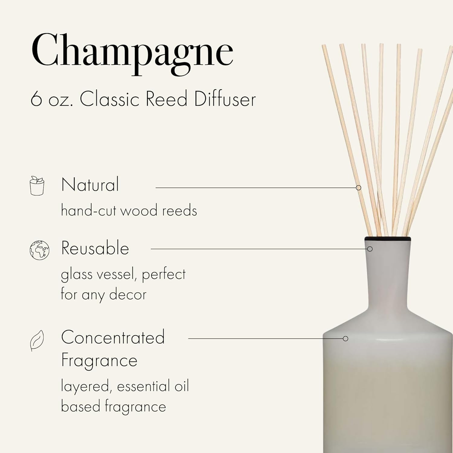 LAFCO New York Classic Reed Diffuser, Champagne - 6 oz - Up to 3 Months Fragrance Life - Reusable, Hand Blown Glass Vessel - Natural Wood Reeds - Made in The USA