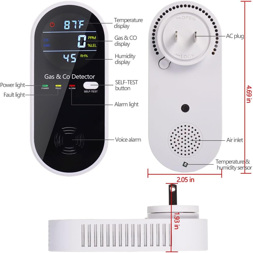 Carbon Monoxide and Gas Detectors, Plug in Carbon Monoxide Detector & Natural Gas Combination Detectors with Clear LCD Display, 4-in-1 CO & Gas Detector with Temperature and Humidity Display