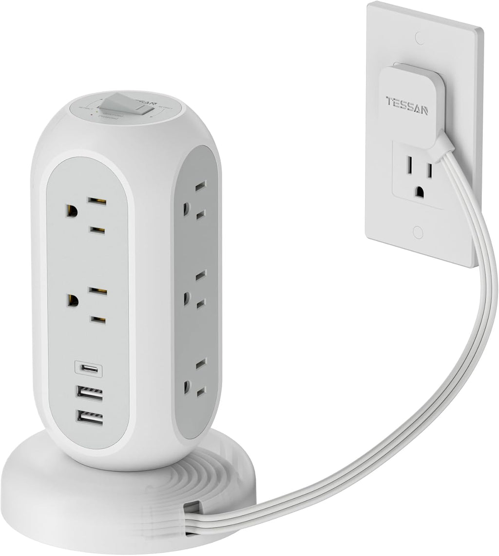Surge Protector Power Strip Tower, TESSAN 5 FT Retractable Extension Cord with Multiple Outlets, 11 Outlets with 3 USB (1 USB C) Charging Station, 1050J, Office Desk Supplies, Dorm Essentials
