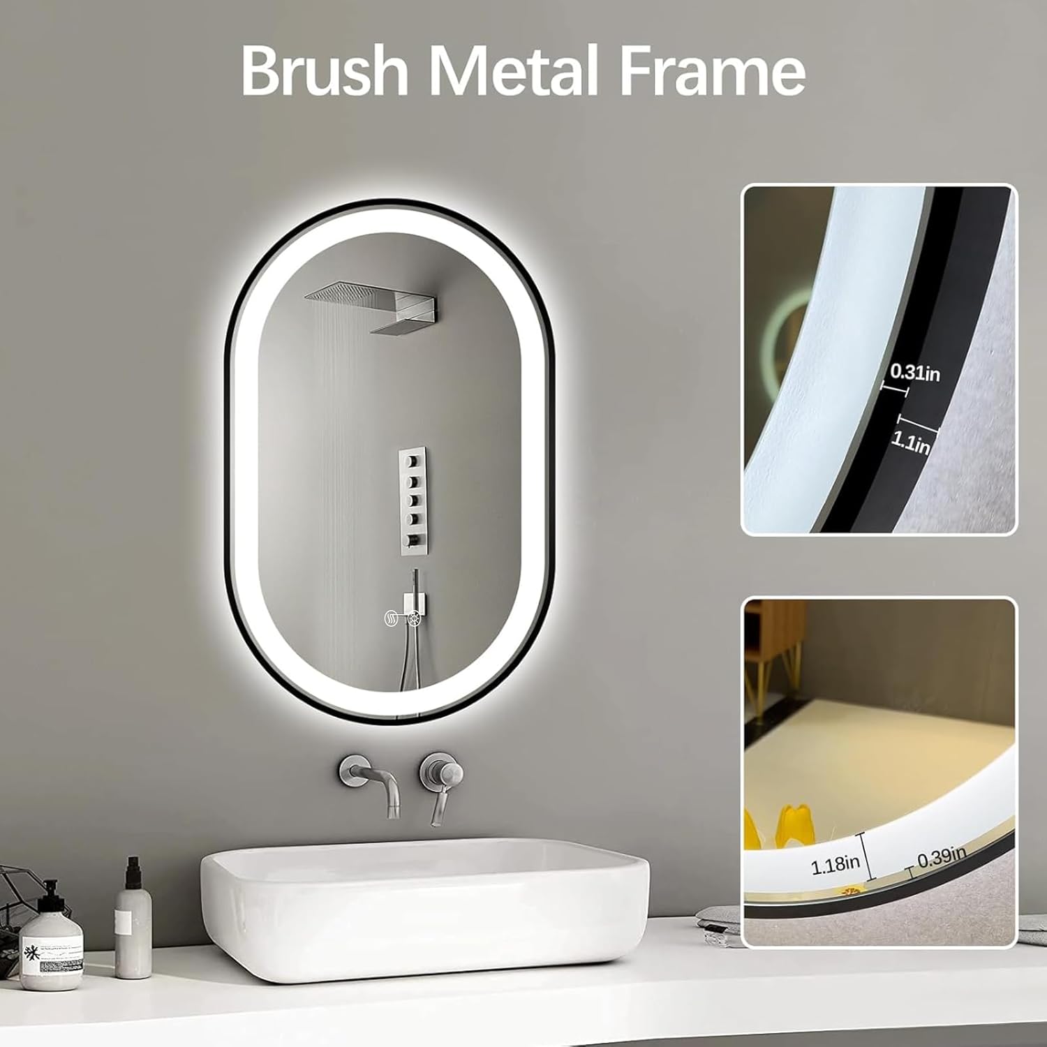 Niccy Oval LED Mirror for Bathroom, 40x24 Front Lit + Backlit Vanity Mirrors with Light Anti-Fog, Shatter-Proof, 3 Colors, Makeup Mirror with Black Frame (Horizontal/Vertical)