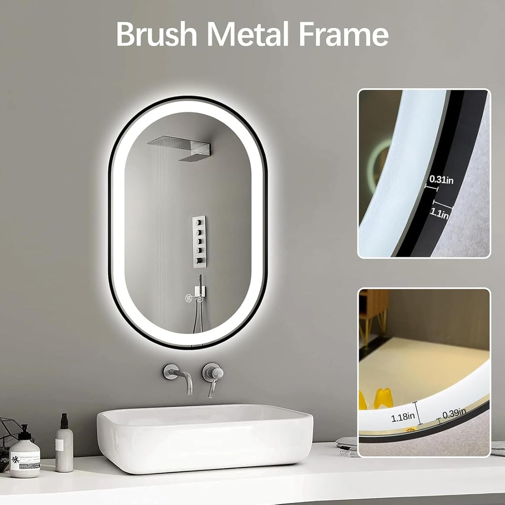 Niccy Oval LED Mirror for Bathroom, 36x24 Front Lit + Backlit Vanity Mirrors with Light Anti-Fog, Shatter-Proof, 3 Colors, Makeup Mirror with Black Frame (Horizontal/Vertical)