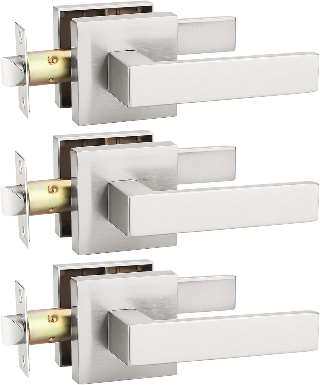 KNOBWELL 3 Pack Satin Nickel Interior Door Handle, Closet Doorknob Square Modern Handleset, Passage Lever Door Handle Knob for Indoor Use(No Lock)