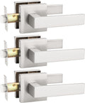 KNOBWELL 3 Pack Satin Nickel Interior Door Handle, Closet Doorknob Square Modern Handleset, Passage Lever Door Handle Knob for Indoor Use(No Lock)