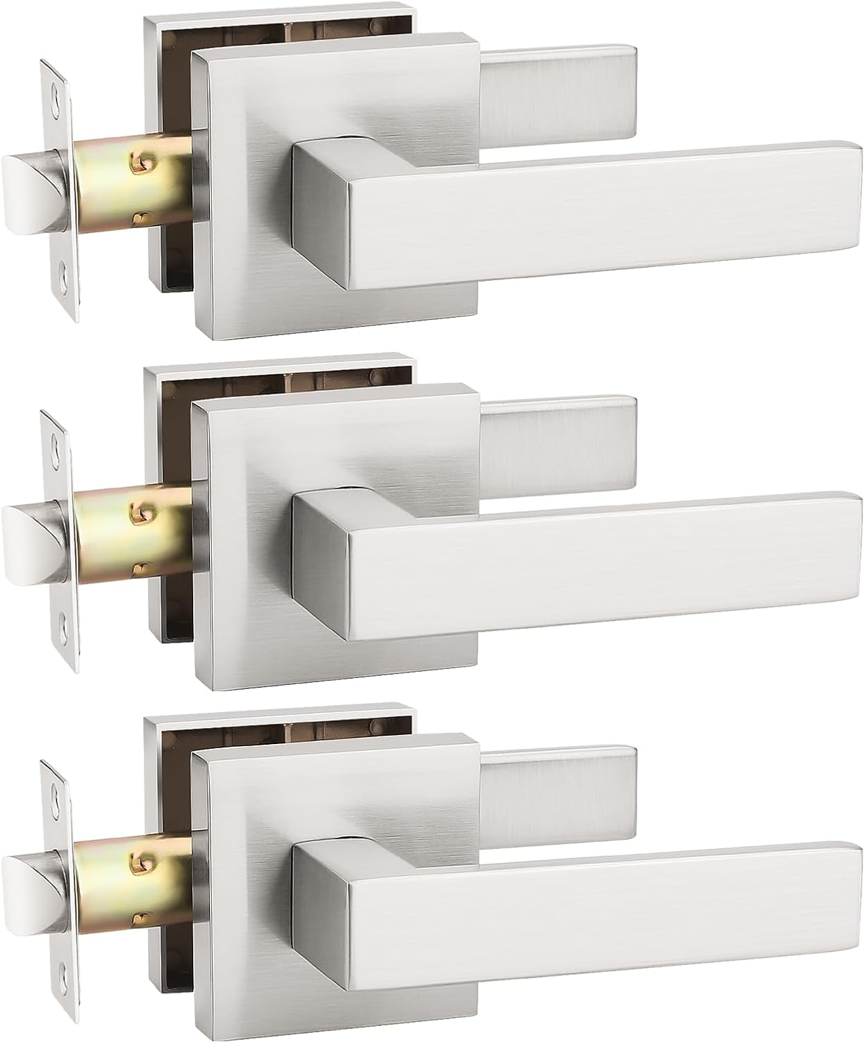 KNOBWELL 3 Pack Satin Nickel Interior Door Handle, Closet Doorknob Square Modern Handleset, Passage Lever Door Handle Knob for Indoor Use(No Lock)
