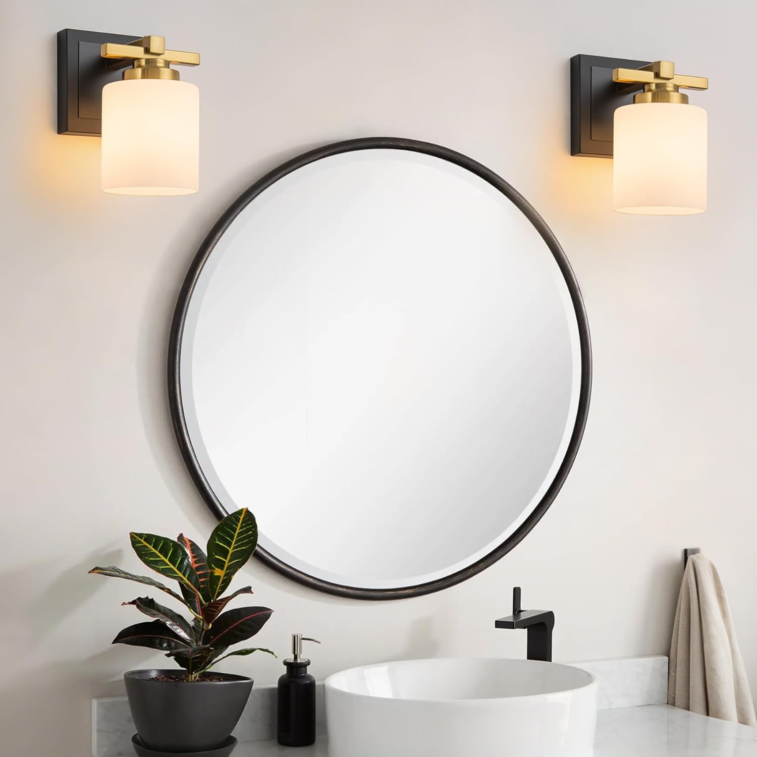 1 Light Modern Bathroom Light Fixtures Over Mirror, Black Gold Vanity Lights for Bathroom Wall Sconces with Milky White Glass Shades, E26 Socket (Bulbs Not Included)