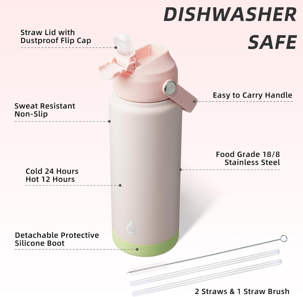 BJPKPK Water Bottle with Straw Lid, 24oz Vacuum Insulated Water Bottles, Metal Stainless Steel Thermo for Sports, Travel, BPA Free Leak Proof Thermo, Cups, Flasks, Tumblers,Pearl Pink
