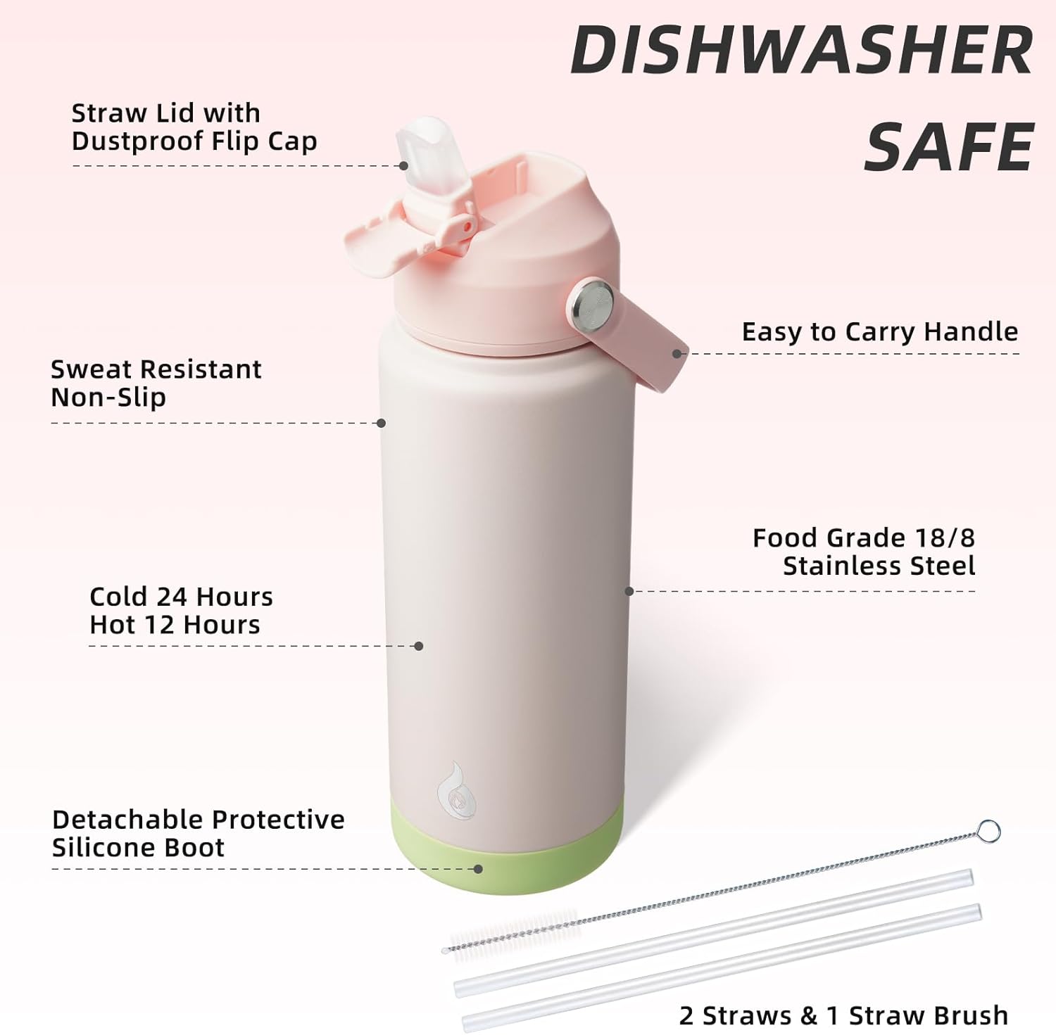 BJPKPK Water Bottle with Straw Lid, 24oz Vacuum Insulated Water Bottles, Metal Stainless Steel Thermo for Sports, Travel, BPA Free Leak Proof Thermo, Cups, Flasks, Tumblers,Pearl Pink