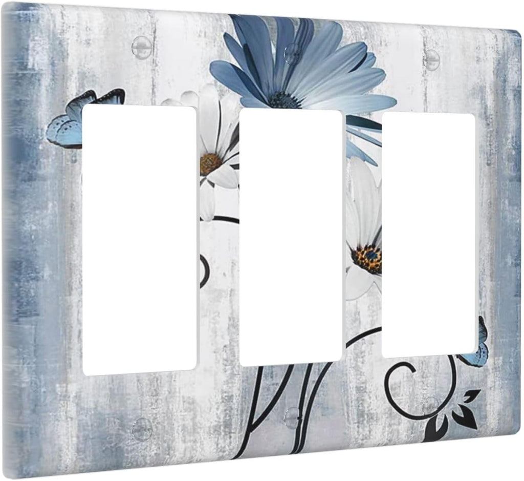 Decorative Outlet Covers Rustic Blue White Daisy Ink Flower 3 Gang Light Switch Cover Plate Triple Rocker Wall Plates for Electrical Outlets Switch Plate Covers for Bedroom Home Decor